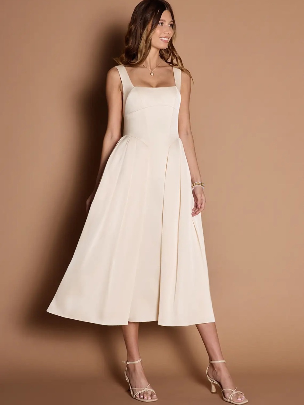 NWT Elegant Cream Square-Neck Midi Dress | Azazie Eirlys Cream Midi Dress Size 8